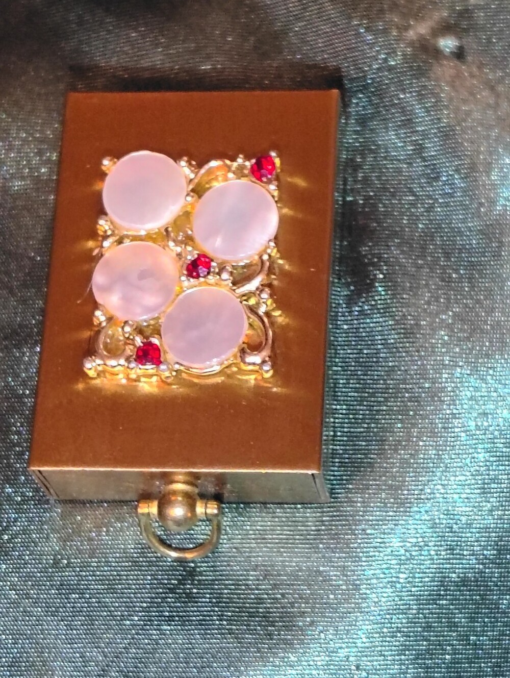 Luxe Vintage Brass Schloss & Hausmann Matchbox w/Tongs Mother-of-Pearl/Faux Ruby